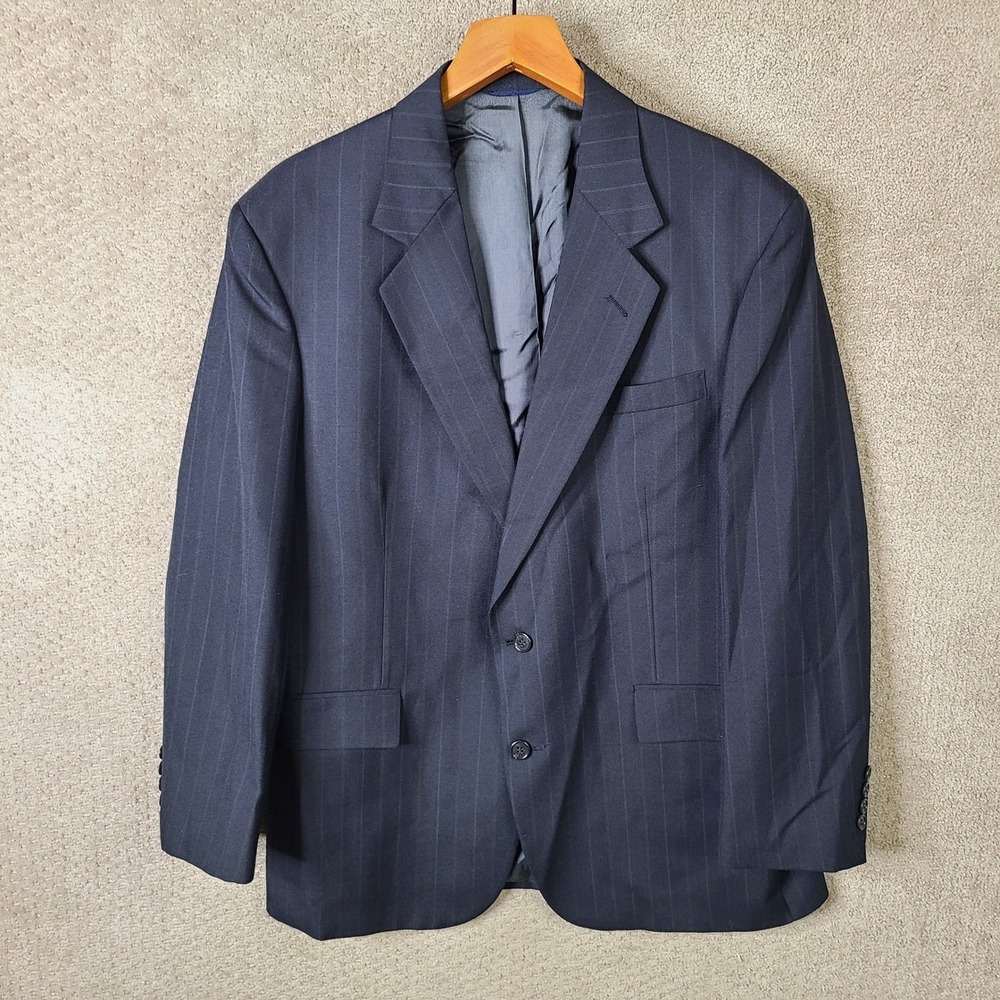 Deansgate Corporate Jacket Mens 44R Navy Blue Striped Wool Blend Blazer 2 Button